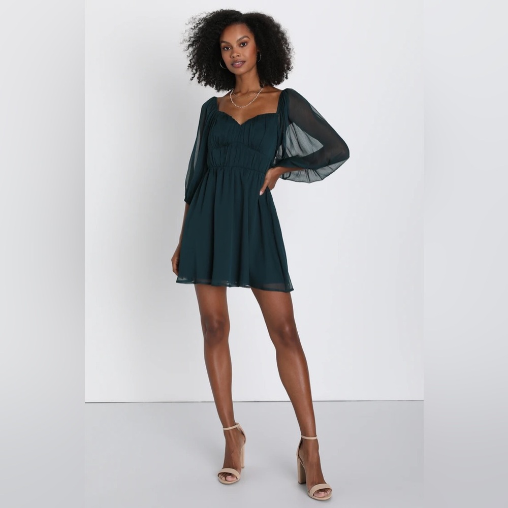 Lulus Emerald Chiffon Balloon Sleeve Mini Dress Sz M Coquette Dollcore NWT